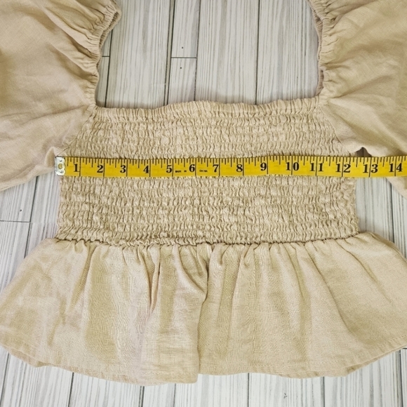 Faithfull the Brand Smocked Linen Crop Top with Peplum Hem in Sand Size 8 - Picture 10 of 12